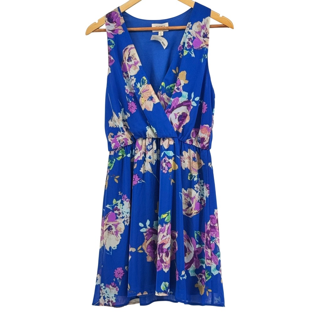Everly Royal Floral Wrap Front Dress Blue Chiffon Sleeveless Mini Size Medium - Picture 1 of 5
